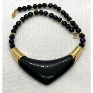 Vintage Napier Signed Black Plastic 18'' Beaded Necklace 1980s Gold Tone‎